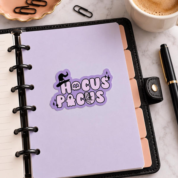 Witchy Halloween die-cut sticker with purple lettering and a black witch hat (view 2)