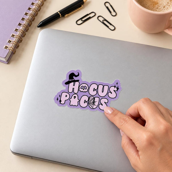 Witchy Halloween die-cut sticker with purple lettering and a black witch hat (view 4)