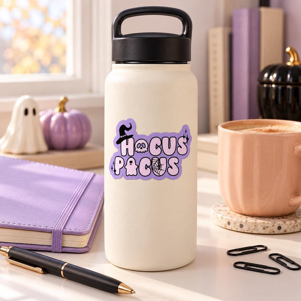 Witchy Halloween die-cut sticker with purple lettering and a black witch hat (view 5)