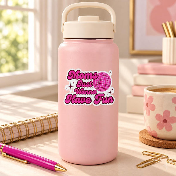 Moms Just Wanna Have Fun die-cut sticker with hot pink lettering and a pink disco ball (view 4)