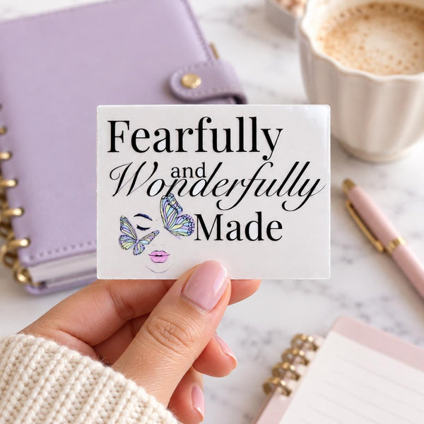 Fearfully and Wonderfully Made Psalm 139:14 die-cut sticker with black script lettering and blue butterflies (view 2)
