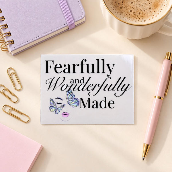 Fearfully and Wonderfully Made Psalm 139:14 die-cut sticker with black script lettering and blue butterflies