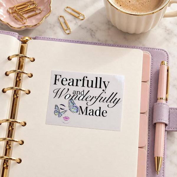 Fearfully and Wonderfully Made Psalm 139:14 die-cut sticker with black script lettering and blue butterflies (view 3)