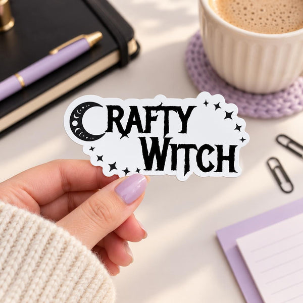 Crafty Witch die-cut sticker with black gothic lettering, crescent moon and stars (view 3)