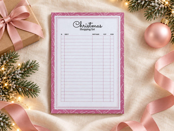 Pink Christmas shopping list notepad with gift tracking columns