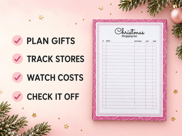 Christmas Shopping List Notepad — 5x7 Pink Gift List Tear-Off Pad, 45 Sheets