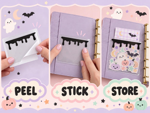 Black Drip Adhesive Vinyl Pocket Set — 2 Sizes, Clear Planner Pockets and Sticker Storage