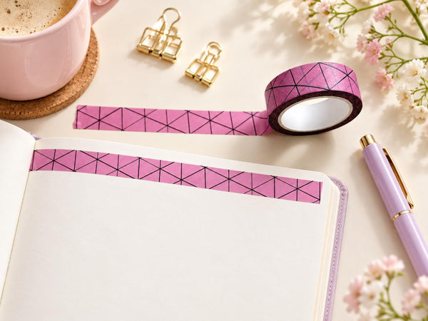 Pink geometric washi tape with black triangle line pattern, 15mm roll