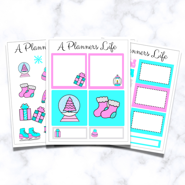Pink Christmas sticker sheets featuring pink and teal holiday designs for planners