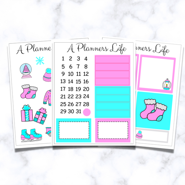 Pink Christmas sticker sheet with calendar dates and holiday sock stickers