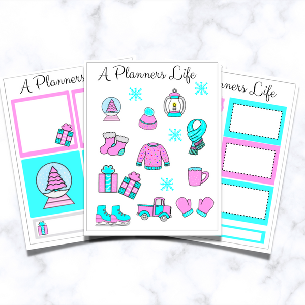 Pink Christmas sticker sheet with winter clothing and holiday icons