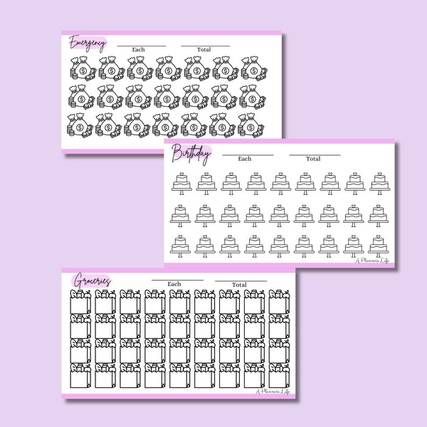 Emergency, birthday, and groceries sinking funds tracker sheets for a6 budget binders