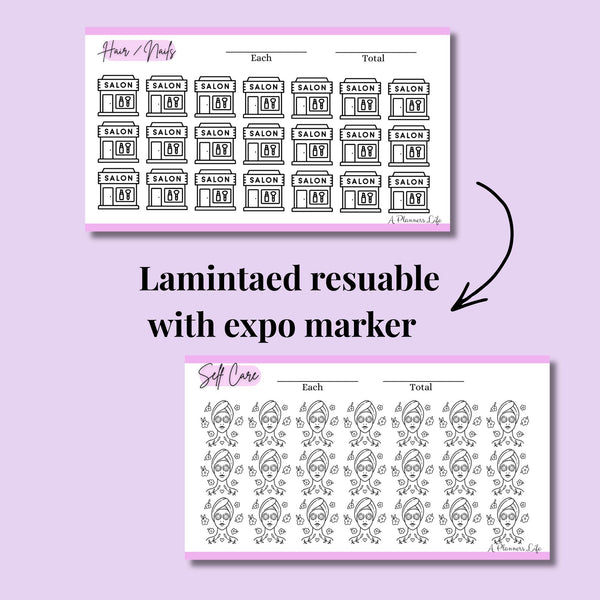 Hair and nails, and self care sinking funds tracker sheets, laminated and reusable with expo marker