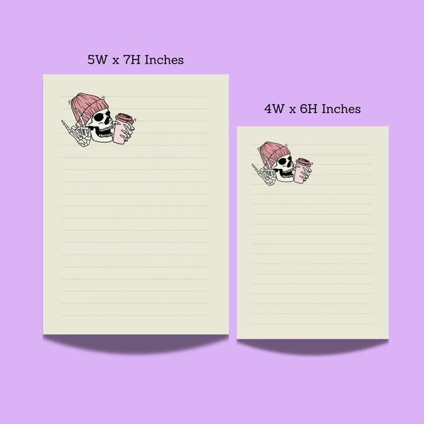 Skull wearing a beanie notepad for edgy notes, lists, and sketches, shown in two sizes