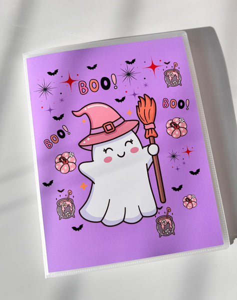 Spooky-cute ghost sticker storage binder with witch hat ghost design on purple background